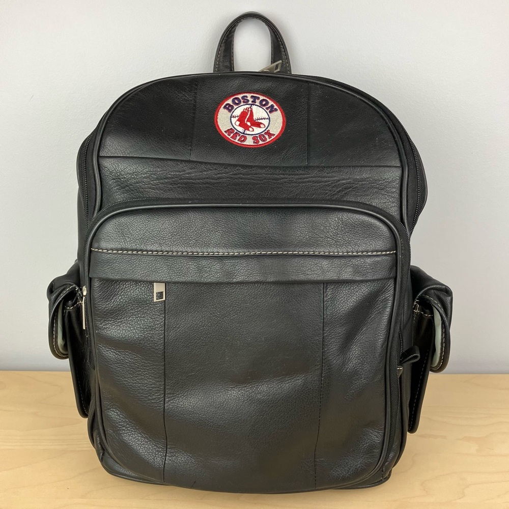 Boston Red Sox Black Genuine Leather Backpack MLB Patch Logo